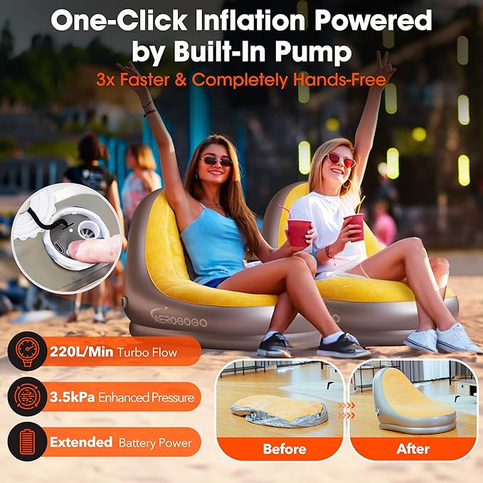 Aerogogo Inflatable Chair Built in Rechargeable Pump 3kPa High-pressureGaming Chair for Kids Inflatable Bean Bag Chair for Indoor Office Outdoor Camping