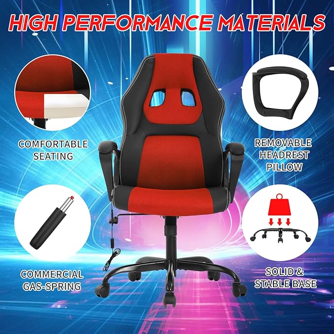 Video Gaming Chair with Massage Function Ergonomic Computer Desk Chairs Home Office Desk Chair with Lumbar Support Adjustable Height Swivel Wheels Red