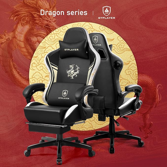 GTPLAYER Gaming Chair with Bluetooth Speakers and Footrest Dragon Series Video Game Chair Heavy Duty Ergonomic Esports Computer Office Chair (Blackwhite)
