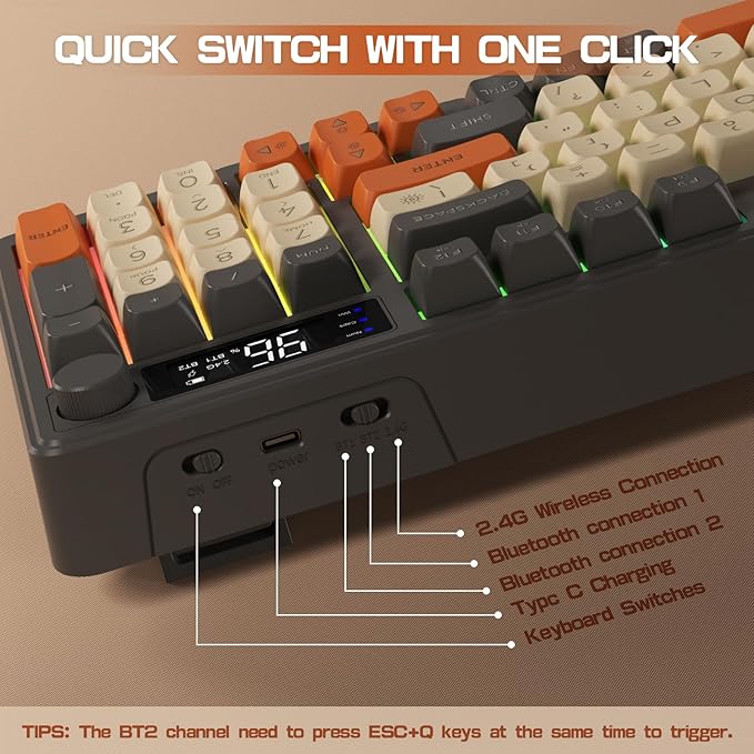 ZIYOU LANG M96 Wireless Gaming Silent Membrane KeyboardDisplay Screen &amp Knob with Multimedia Keys Dual Mode Bluetooth/2.4GhzRainbow Backlight 94Keys Ball Shape PBT Keycap ANSI Layout for Win/Mac
