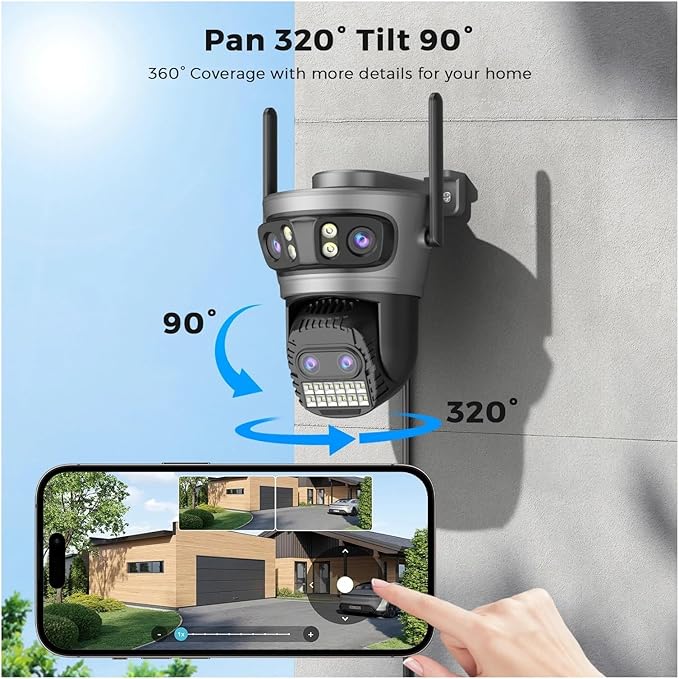 16MP WiFi Camera IP PTZ Three Screen 180° Wide Angle Auto Tracking 10X Digital Zoom 20MP Security Protection(EU Plug20MP NO SD Card)