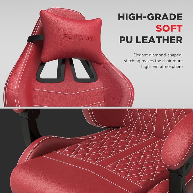 Ferghana Vintage PU Leather Gaming Chair Ergonomic Gamer Chair with Massage High Back Computer Office Chair with Footrest for Adults Racing Style Reclining Video Game Chair (Red)
