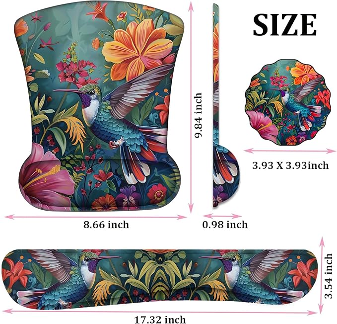 Mouse Wrist Rest and Keyboard Wrist Rest Pad+ Coaster Set Non-Slip Rubber Base Smooth Surface Ergonomic Gaming Mouse Pad for Easy Typing and Pain Relief Flowers and Hummingbirds
