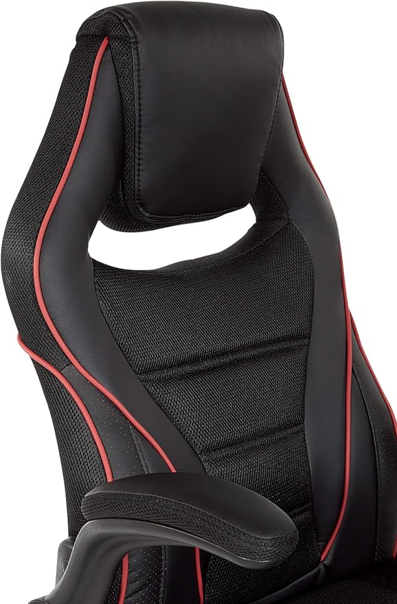 OSP Home Furnishings Xeno Ergonomic Adjustable Faux Leather Gaming Chair with Integrated Headrest and Airflow Cooling Material Black with Red Accents