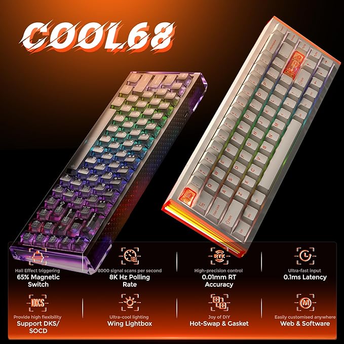 DAREU COOL68 60% Wired Gaming Keyboard Rapid Trigger Magnetic Switch Keyboard with 8000Hz Polling Rate Adjustable Actuation 0.1ms Latency SOCD Gasket Mount Hot swappable RGB Light