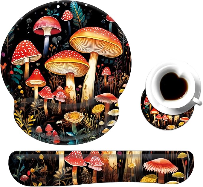 Keyboard Wrist Rest and Mouse Pad Wrist Support Set with CoasterComfortable for Easy TypingPain ReliefMemory Foam Keyboard Pad Set for Laptop MacCute Mushrooms