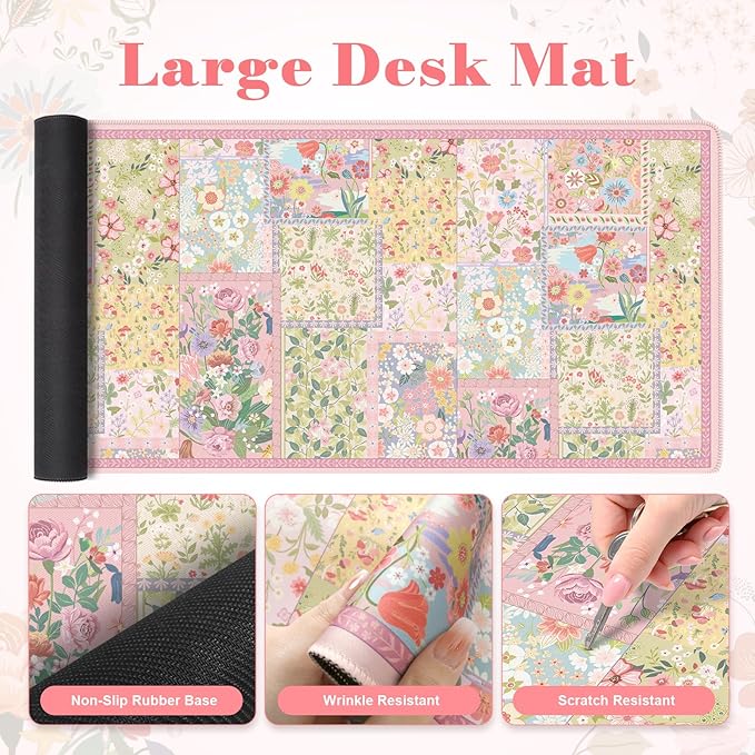 iLeadon Cute Floral Desk Mat Set Non Slip Mouse Pad with Wrist Support Wrist Pad for Keyboard Desk Mat with Wrist Rest Ergonomic Mouse Pad Set for Women Home Office (Pink)
