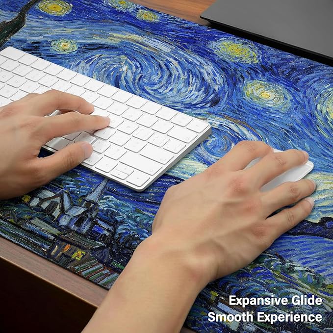 Large Mouse PadExtra Long and Thick Desktop Mouse Pad with Stitched EdgesNon-Slip BaseWaterproof Keyboard Pad for GamersOffice and HomeVan Gogh - Starry Night(35.4x15.7x0.12 Inch90x40cm)