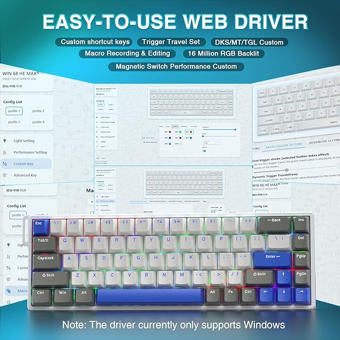 AULA WIN68 HE MAX - Hall Effect Gaming Keyboard with Magnetic Switch Adjustable Actuation Fast Trigger Mode 8KHz Polling Rate RGB Backlit Wired Mechanical Gaming Keyboard 60 Percent Compact Design