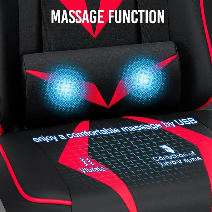 Gaming Chair with Massage Pocket Spring Cushion 155° Reclining Gaming Chair with Footrest and Adjustable Armrests Ergonomic Video Game Chairs Red and Black