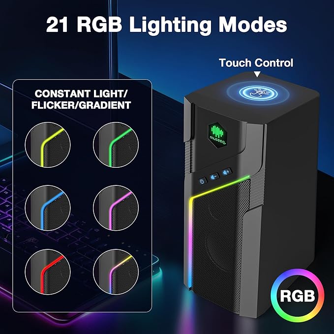 RGB Computer Speakers with Bluetooth 5.1 2.0 USB Powered Desktop Speakers with 21 RGB Light Modes Touch Control 3.5mm AUX Stereo Sound and Heavy Bass for PC Gaming and Office