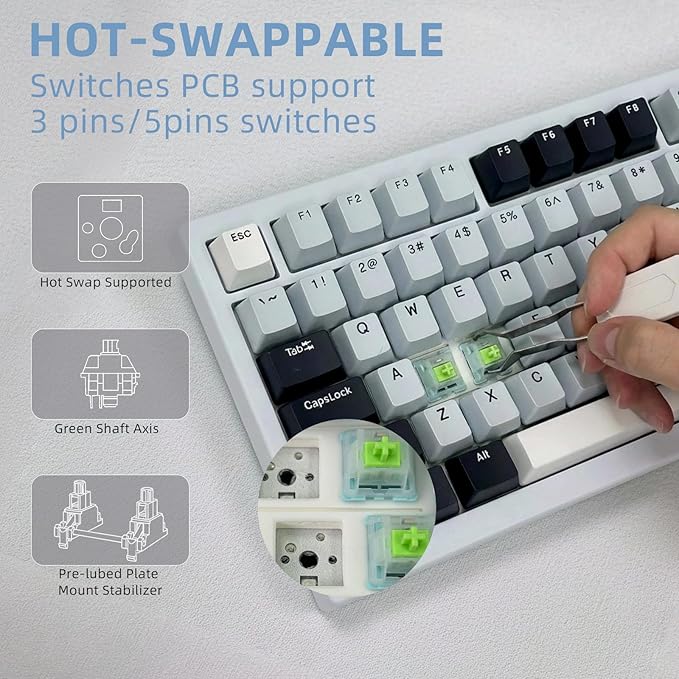 DstoPar Wireless Mechanical Keyboard75% Hot Swappable Gaming Keyboard with Multifunction knobRGB BacklitGasket StructurePBT Keycaps Bluetooth5.0/Type-C/2.4GK81 Mechanical Keyboard（Iceland Blue）