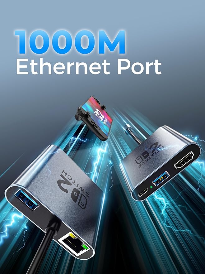 Switch 2 Portable USB-C Dock (with Ethernet Port) Supporting 4K@120Hz/PD 100W/USB Ports Includes 20V/3A Power Adapter and HDMI Cable Compatible with Switch/Steam Deck/ROG Xbox Ally X/Legion Go 1/2