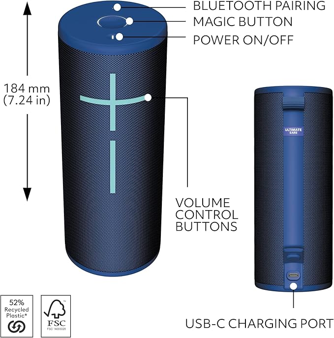 Ultimate Ears Boom 4 Portable Waterproof Bluetooth Speaker with 360-Degree Bold Immersive Crystal-Clear Sound Floating Speaker with 15-Hour Battery and 147ft (45m) Range - Blue