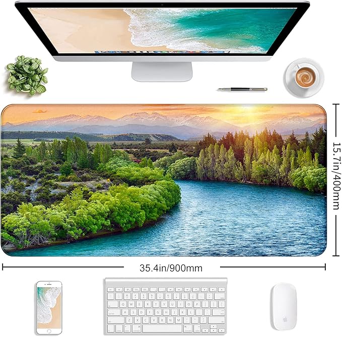 Large Extended Gaming Mouse Pad with Stitched Edges Non-Slip Waterproof Rubber Base Mouse Pad for Office Computer Keyboard Laptop and Home Desk Pad 35.4 x 15.7 x 0.12 Inch (Sunset Forest)