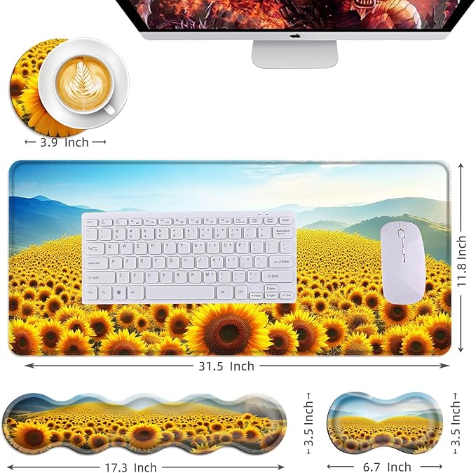 Mouse PadLarge Desk Mat Set 4in1 XL Mousepad + Keyboard Wrist Rest+Mouse Wrist Rest+Coaster with Ergonomic Desk Pad for Home Office Table Computer Cover -Sunflower Field and Mountain