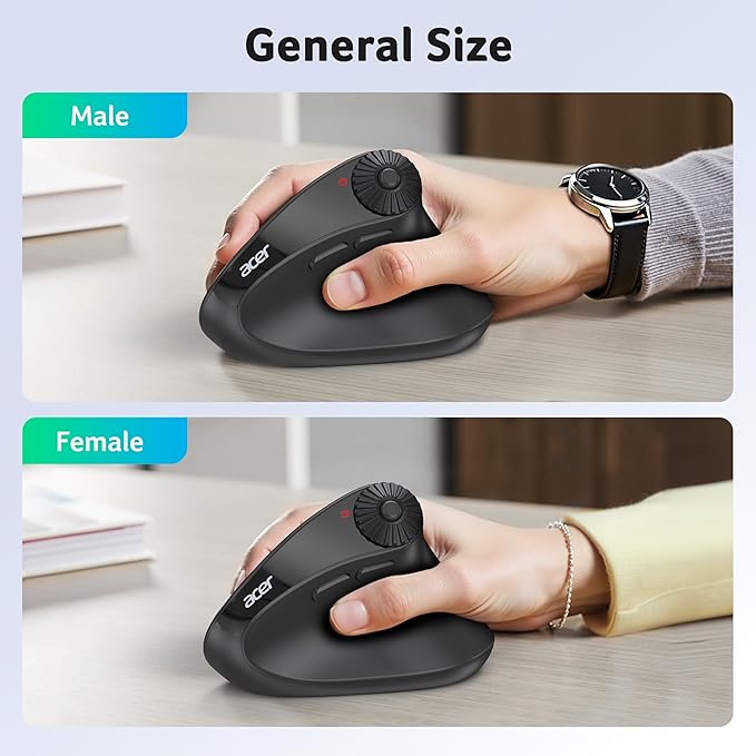 acer Ergonomic Mouse Wireless with Side Scroll Wheel Bluetooth Mouse for Laptop(BT5.2+2.4GHz) Office Vertical Computer Mice Small to Medium Sized Hands Ergo Mice 8 Buttons for PC and Desktop