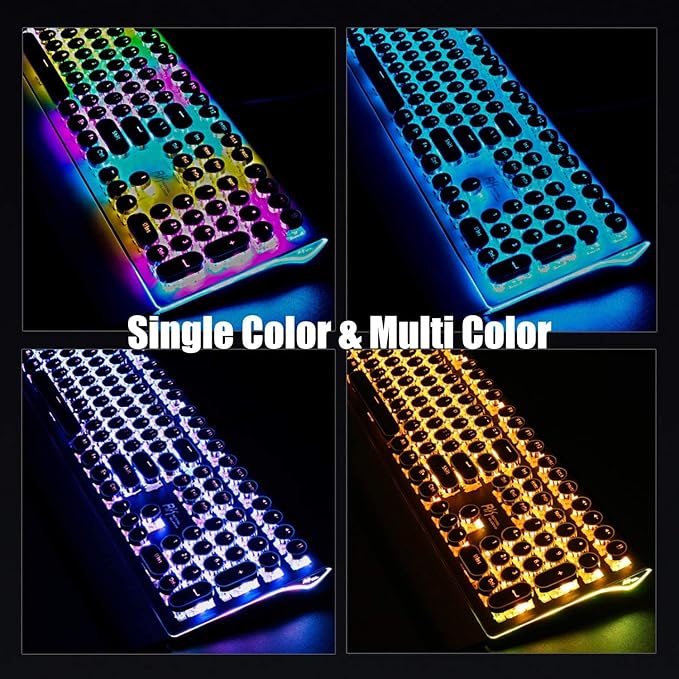 RK ROYAL KLUDGE S108 Typewriter Style Mechanical Gaming Keyboard with RGB Backlit Wired PC Game Keyboard Full Size with Detachable Wrist Rest and Number Pad Retro Round Keycaps Red Switches Black