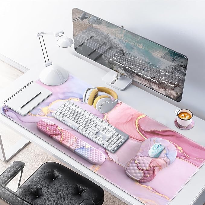 Pink Desk Mat Large Mouse Pad with Wrist Rest Ergonomic Keyboard Wrist Support Carpal Tunnel Mousepad XXL Cushion with Coaster Set Computer Keyboard Mat Pink Marble