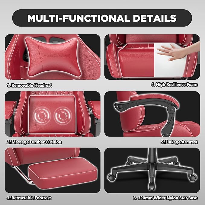 Ferghana Vintage PU Leather Gaming Chair Ergonomic Gamer Chair with Massage High Back Computer Office Chair with Footrest for Adults Racing Style Reclining Video Game Chair (Red)