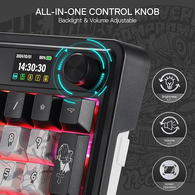 Redragon K719 PRO Wireless Gasket Gaming Keyboard w/Hype Screen &amp Knob 95 Keys Mechanical Keyboard Easy-Control 1.14’’ TFT Info Display 5-Layer Noise Dampening Street Graffiti Dye-Sub PBT Keyc