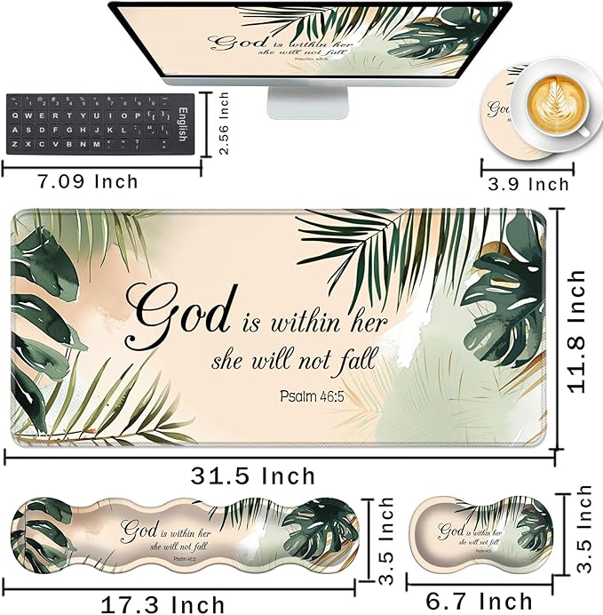 Keyboard Wrist Rest and Mouse Pad with Wrist Support Set Ergonomic CoasterMemory FoamEasy Typing Pain ReliefLarge XL Desk Mat 31.5x 11.8Matcha Green Plant Abstract Bible Verse Psalm 46-5