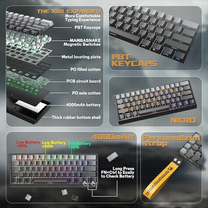 MAMBASNAKE X60 HE 60% Rapid Trigger Wireless Gaming KeyboardHall Effect Magnetic SwitchesAdjustable Actuation0.1ms Ultra-Low Latency 8KHz Polling Rate3-Mode RGBPBT Keycaps for Win/Mac-Moon Night