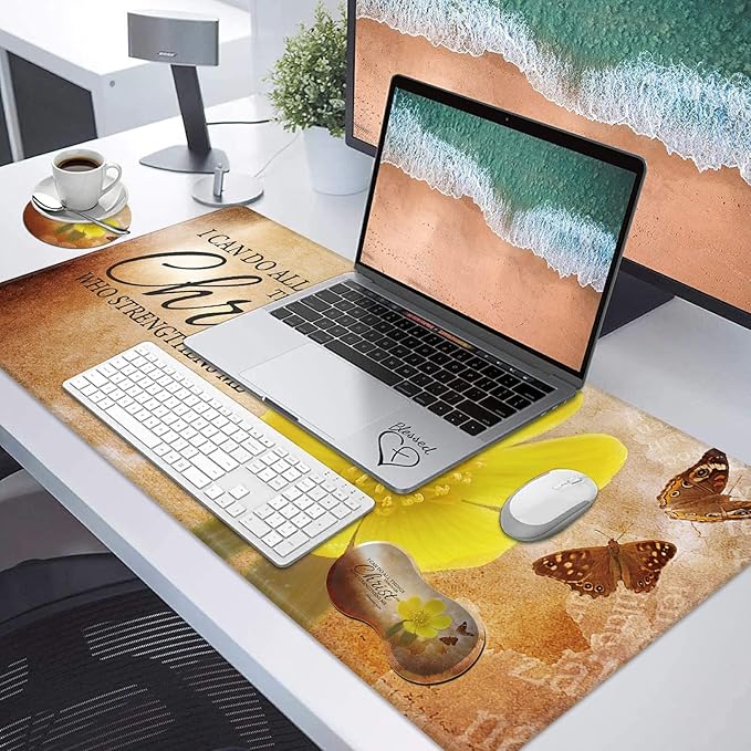 Desk Pad Mat + Wrist Rest Pad + Coasters Set Durable Office Desk Mat 31.5x 11.8 Large Gaming Mouse Pad Extended Non-Slip Rubber Base Keyboard Pad for Laptop &amp Home Bible Verse Philippians 4:1