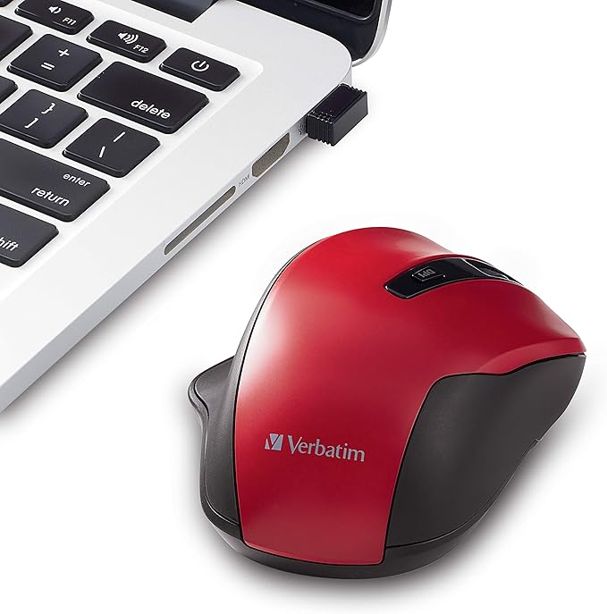 Verbatim 2.4G Wireless Ergonomic LED Silent Mouse - Noiseless and Silent Click Computer Mouse with Nano Receiver for Mac and PC - Red