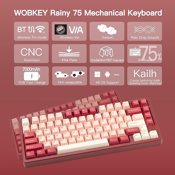 KEEBMONKEY WOBKEY Rainy 75 CNC Aluminum HMX/JWK/Cocoa Switches Triple-Mode Connectivity Mechanical Keyboard with Superior Acoustics RGB/FR4/Silver SUS304/7000mAh/Cocoa Switch (Pro - Red Velvet)