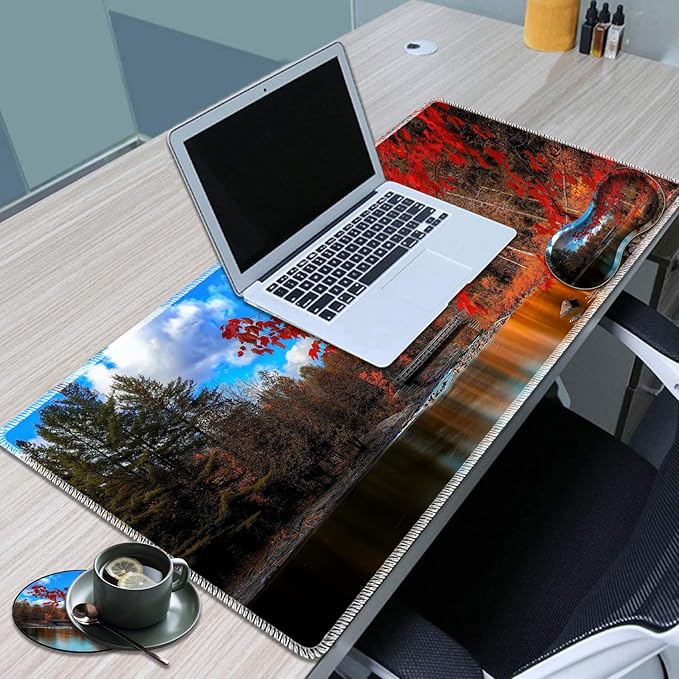 Large Game Mouse Pad + Wrist Support Pad + Coffee Coaster Red Maple Lake Foldable Table Mat with Stitched Edge Non-Slip Set Pad Suitable for Office Work and Home