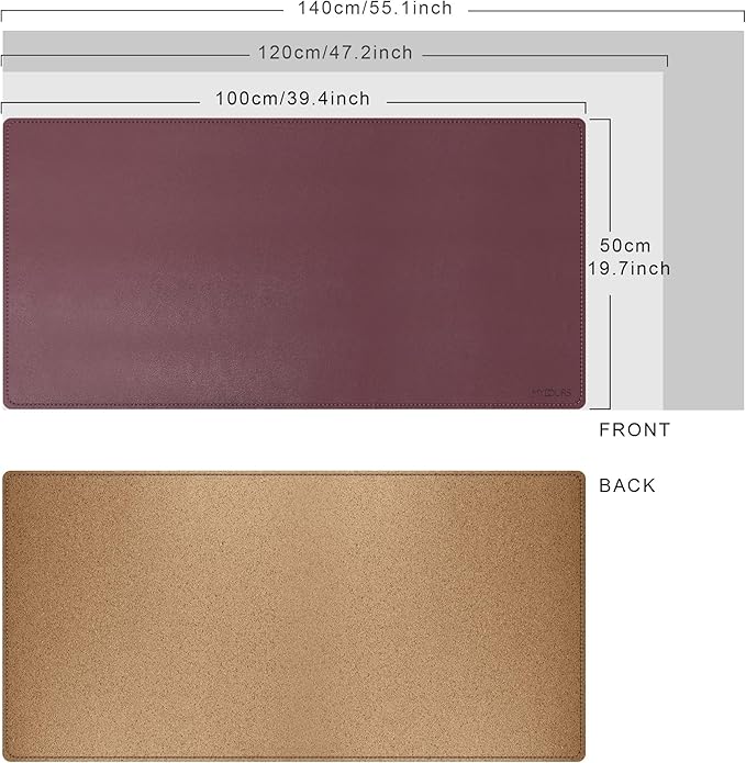 Mydours Dual-Sided Desk Pad 40 x 20Large Mouse mats Cork &amp PU Leather for Office and Home Work Waterproof Desk Mats on The Top of Desks (Burgundy)