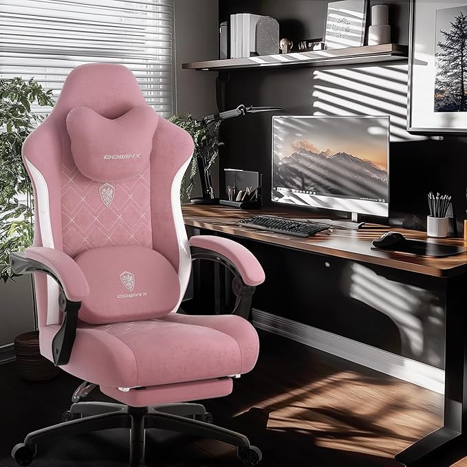 Dowinx Fabric Gaming Chair with Heated Massage Lumbar Support Computer Game Chairs for Adults Big Tall Gamer Chair with Pocket Spring Cushion and Footrest Recliner Gaming Chairs for AdultPink
