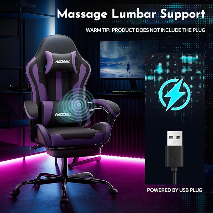 Gaming Chair Ergonomic Computer Chair with Footrest and Lumbar Support Height Adjustable Game Chair with 360°-Swivel Seat and Headrest and for Office or Gaming BLACKPURPLE