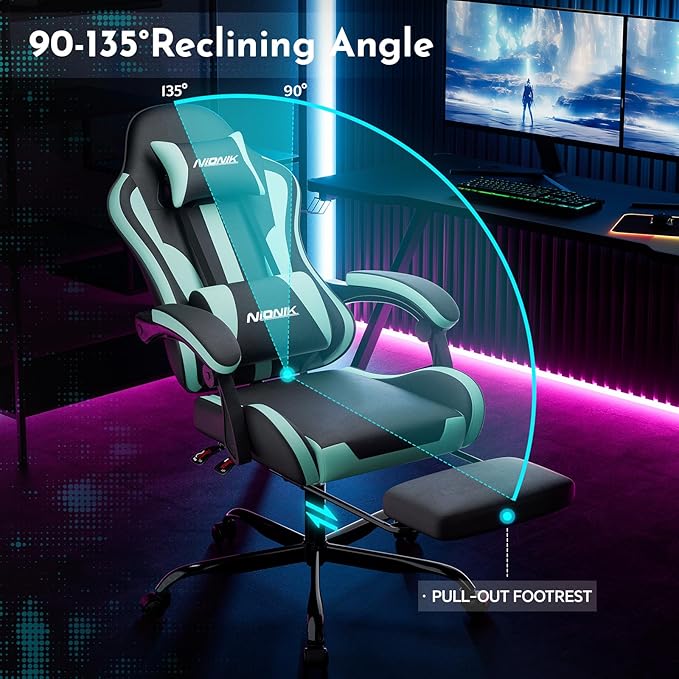 Gaming Chair Ergonomic Computer Chair with Footrest and Lumbar Support Height Adjustable Game Chair with 360°-Swivel Seat and Headrest and for Office or Gaming BLACKMINTGREEN