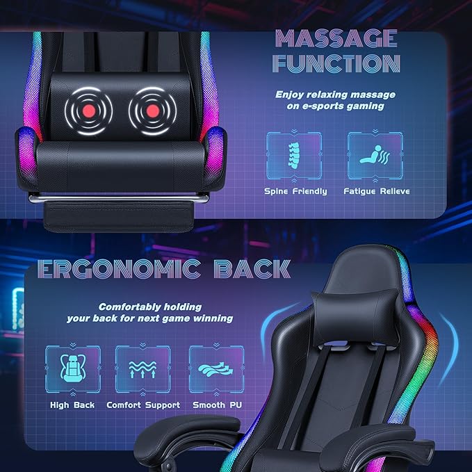 Furmax Gaming Chair with RGB LED Lights Video Game Chair with Footrest and Massage Lumbar Support High Back Reclining Computer Chair with Headrest Swivel Seat Gamer Chair (LED Black)