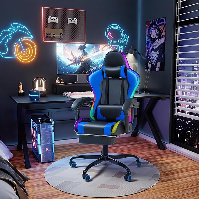 Gaming Chair with RGB Computer Gaming Chairs with LED Lights and Footrest for Home Office Blue and Black