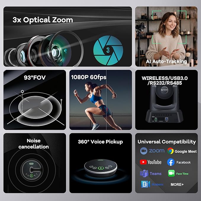 TONGVEO AI Wireless PTZ Camera System with Auto Tracking Built-in Receiver &amp Bluetooth Speakerphone 5.8GHz 1080P 60fps Conference Camera with 3X Optical Zoom for Church Zoom OBS Meetings