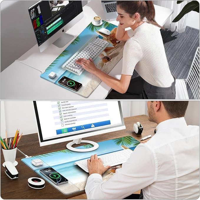 Wireless Charging Mouse Pad 31.5x15.8 Large Gaming Desk Mat for Keyboard/Laptop Waterproof Ultra-Smooth Surface Non-Slip Base with 20W PD Adapter Summer Beach