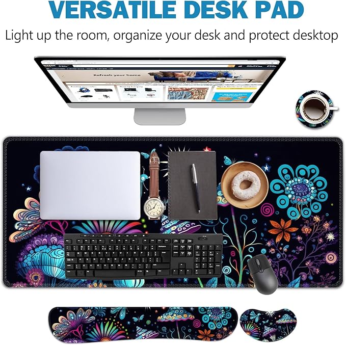 AIMSA Large Gaming Mouse Pad Set Keyboard Wrist Rest Support+ Extended Mousepad+ Mouse Wrist Cushion+Coaster Ergonomic Multifunctional Desk Mat 35x15.7in Colorful Abstract Mushrooms