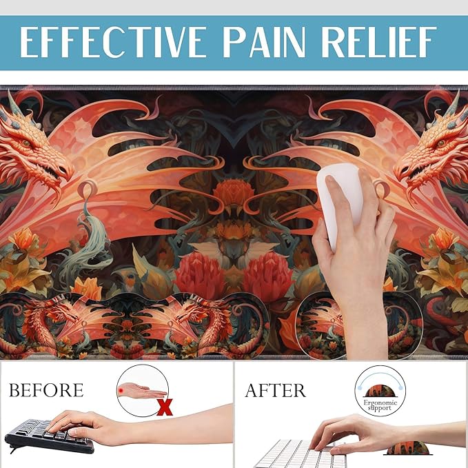 4 in 1 Mouse Pad Combo Large Gaming Mouse Pad + Keyboard Wrist Support + Mouse Wrist Rest + Coaster Table Pad with Stitched Edge Ergonomic Wrist Pad Set Dragon