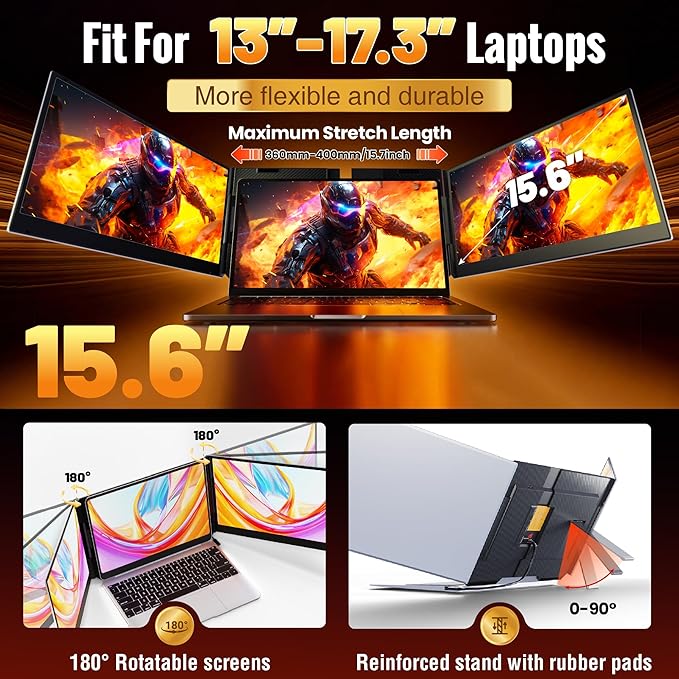 One Cable Connection Laptop Screen Extender Monitor Portable Ultra Thin 15.6 1080P FHD Triple ScreenFit for 13-17 Laptop Plug &amp Play Compatiable with Win/Mac/Chrome/Android
