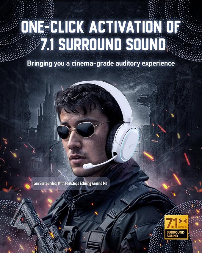 Wireless Gaming Headset 7.1 Surround Sound 2.4GHz USB Gaming Headphones with Bluetooth 5.4 100H Battery ENC Noise Canceling Mic RGB Light Wireless Headset for PC PS5 PS4 Mac Switch (Black-White)
