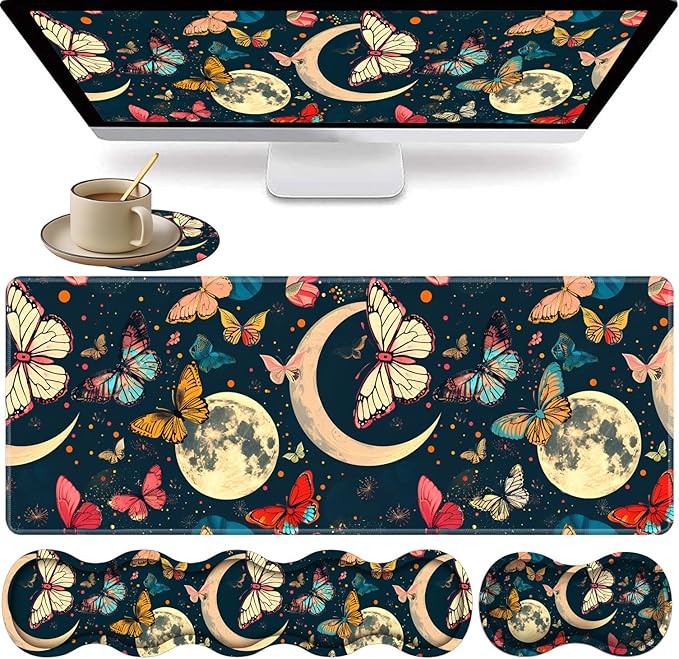 Large XXL Gaming Desk Mat 31.5x 11.8 Ergonomic Keyboard Wrist Rest &amp Mouse Pad Wrist Rest + Coaster Set Non-Slip Base Memory Foam Office and Home Moon Butterfly