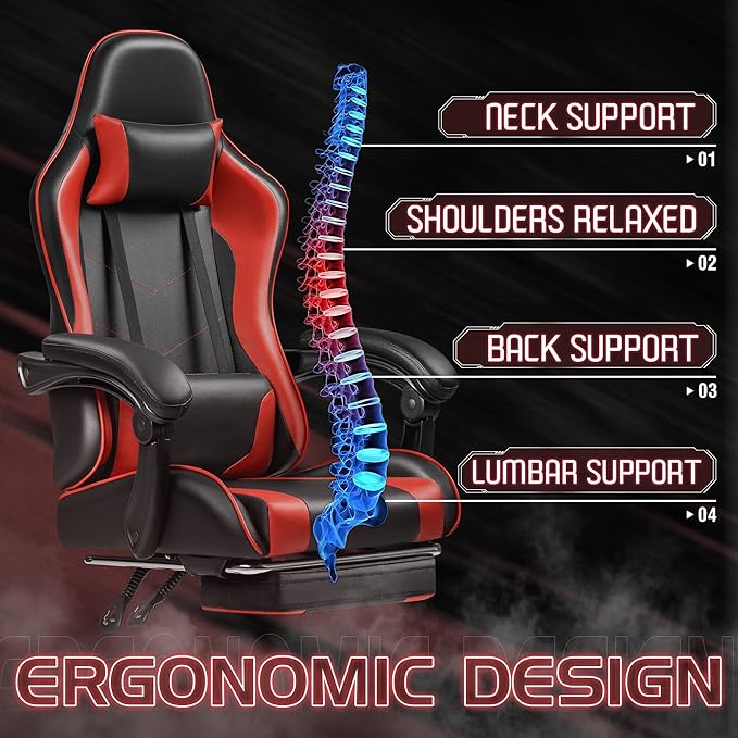 Homall Gaming Chair Video Game Chair with Footrest and Massage Lumbar Support Ergonomic Computer Chair Height Adjustable with Swivel Seat and Headrest (Red)