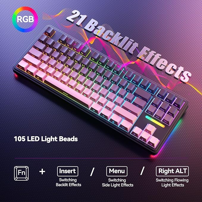 AUSDOM H87 Wireless Mechanical Gaming Keyboard: 10000mAh Battery 2.4G/BT5.3/USB-C Hot Swappable Custom Keyboard with RGB Backlit Side Printed PBT Keycaps 15-Layer Gasket Structure Black Pink