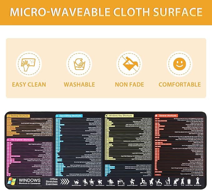 Windows Keyboard Shortcuts Mouse Pad Large Mousepad for PC Windows System Extended Gaming Pad for Mouse and Keyboard High Definition Printing StitchingWashable Anti Slip
