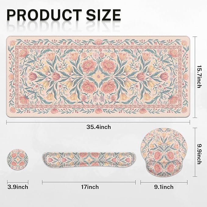 Britimes Pink Floral Keyboard Mouse Pad Set Retro 4in1 Large Mousepad+Keyboard Wrist Rest+Mouse Wrist Rest+Coaster Ergonomic Design for Home Office Computer 35.4x15.7 inches