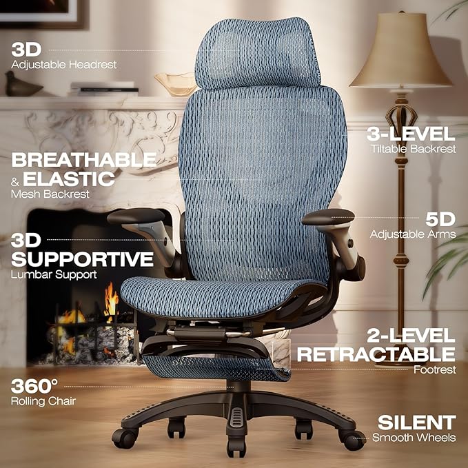 ELABEST X100 Ergonomic Office Chair with Footrest Big and Tall Home Desk Chair with 5D Flip-Up Arms Adjustable 3D Lumbar SupportHigh Back Rolling Computer Chair Swivel Mesh Chairs (Oaxaca Blue)