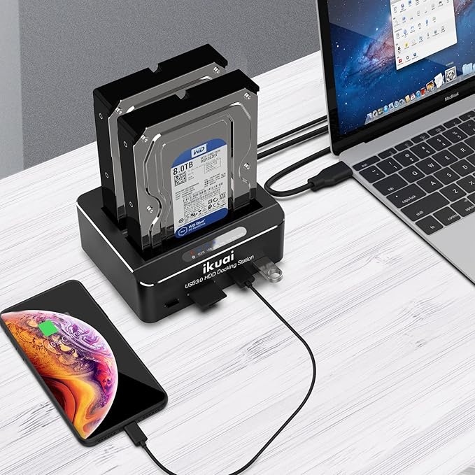 SATA to USB 3.0 Dual Bay Hard Drive Dock for 2.5/3.5 SATA HDD SSD with Micro SD Card Reader 2 USB 3.0 Port Offline Clone Function External Hard Drive Docking Station 2X20TB and UASP Support